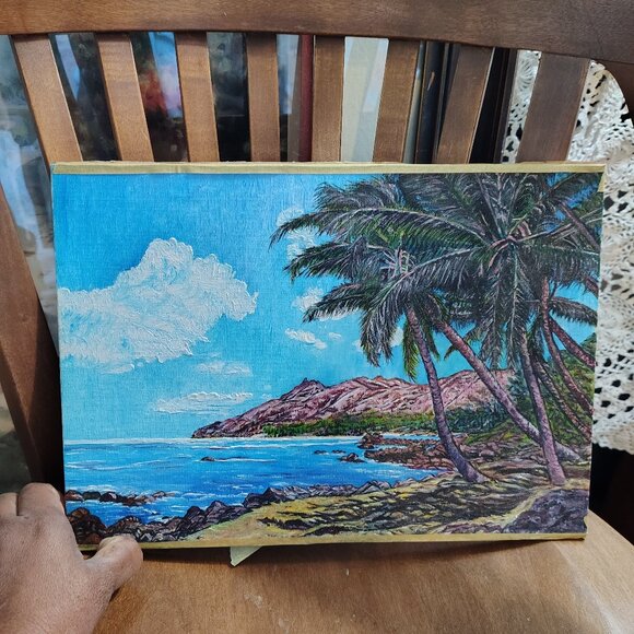 Original Painting Tropical Beach Palm Trees Trees Oil Seascape 12 x 15 in